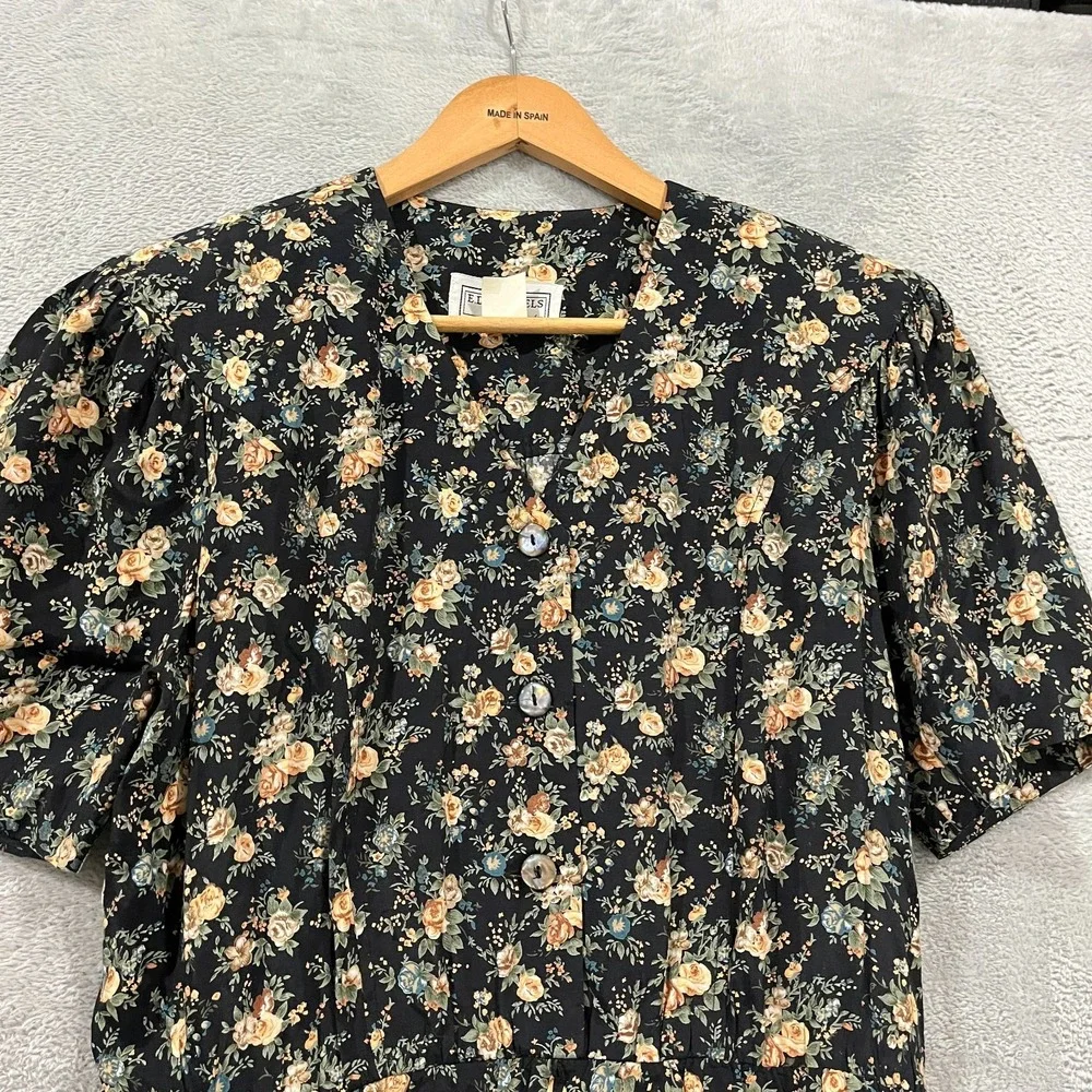 Vintage ED Michaels Dress 13/14 Petite Dark Floral Puff Sleeve Cottagecore Roses
